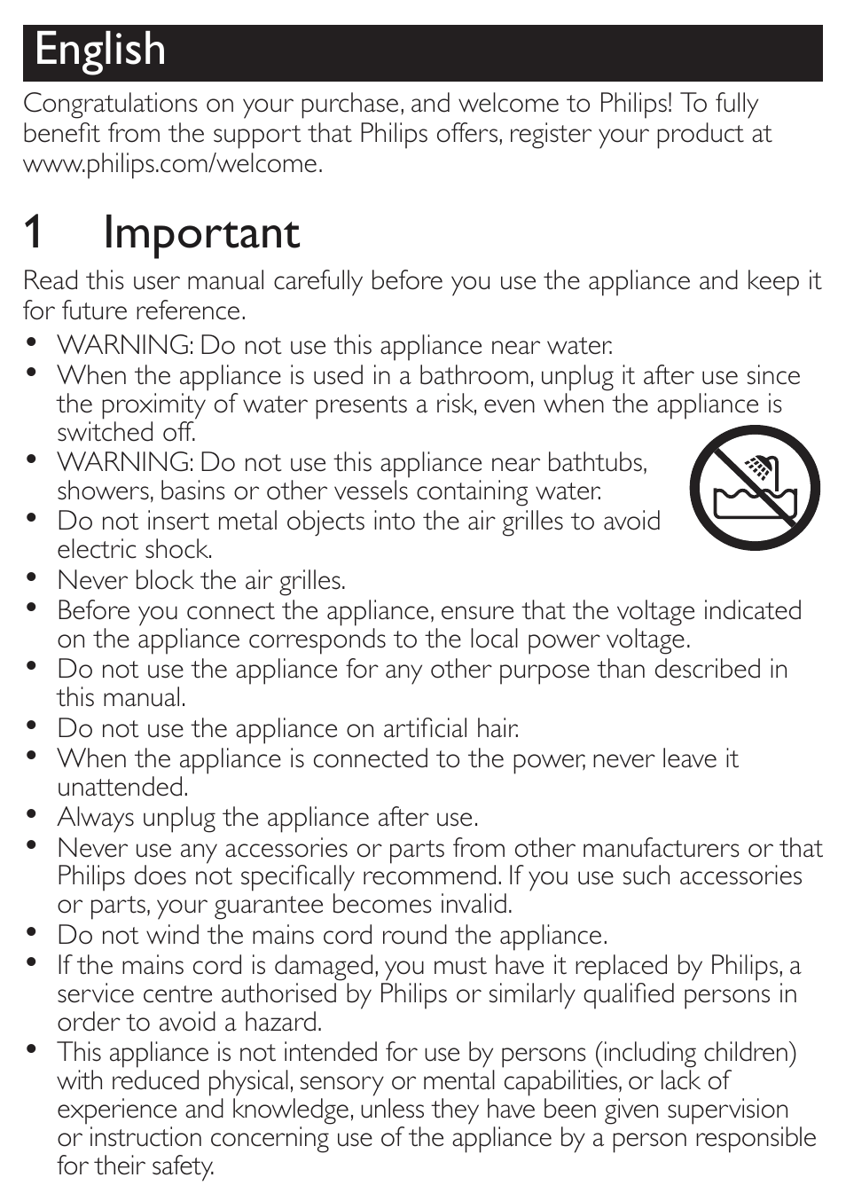 English, 1 important | Philips HP4935-00 User Manual | Page 3 / 6