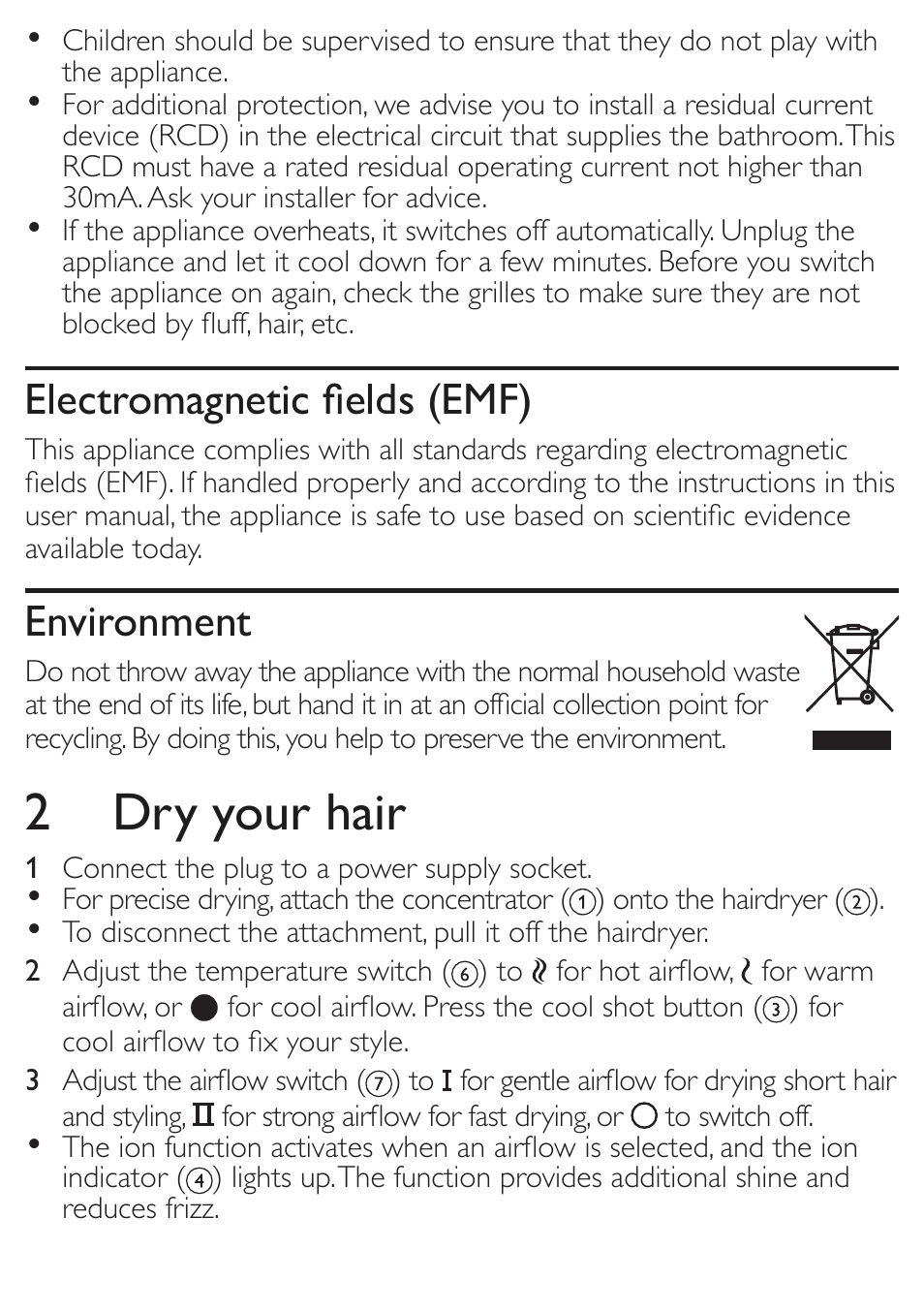 2 dry your hair, Electromagnetic fields (emf), Environment | Philips HP4935-00 User Manual | Page 4 / 6