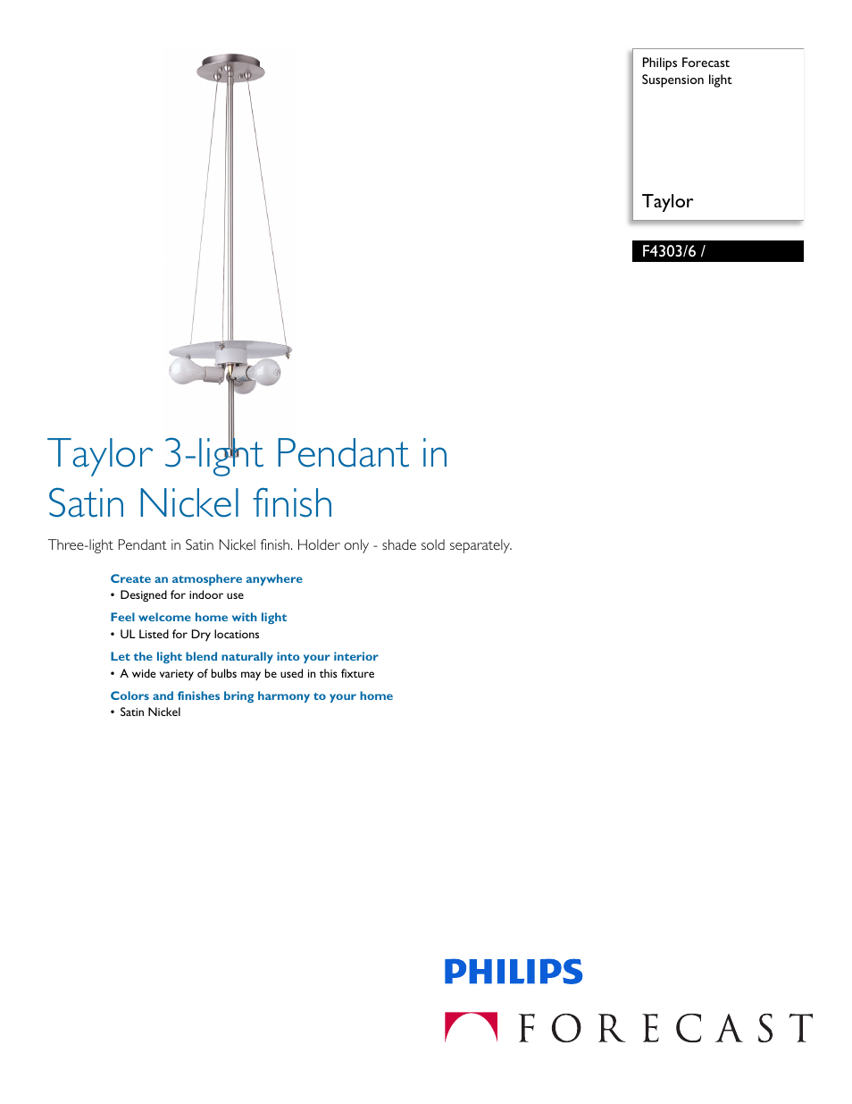 Philips Forecast Suspension light F4303-6 - Taylor User Manual | 2 pages