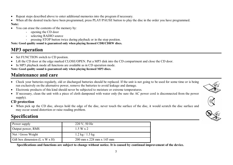 Mp3 operation, Maintenance and care, Specification | Hyundai H-1414 User Manual | Page 5 / 9