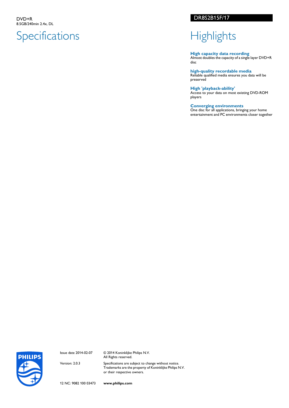 Specifications, Highlights | Philips DR8S2B15F-17 User Manual | Page 2 / 2