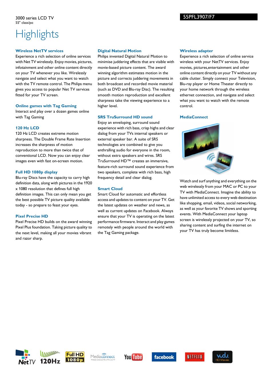 Highlights | Philips 3000 series LCD TV 55PFL3907 55" class-po User Manual | Page 2 / 3