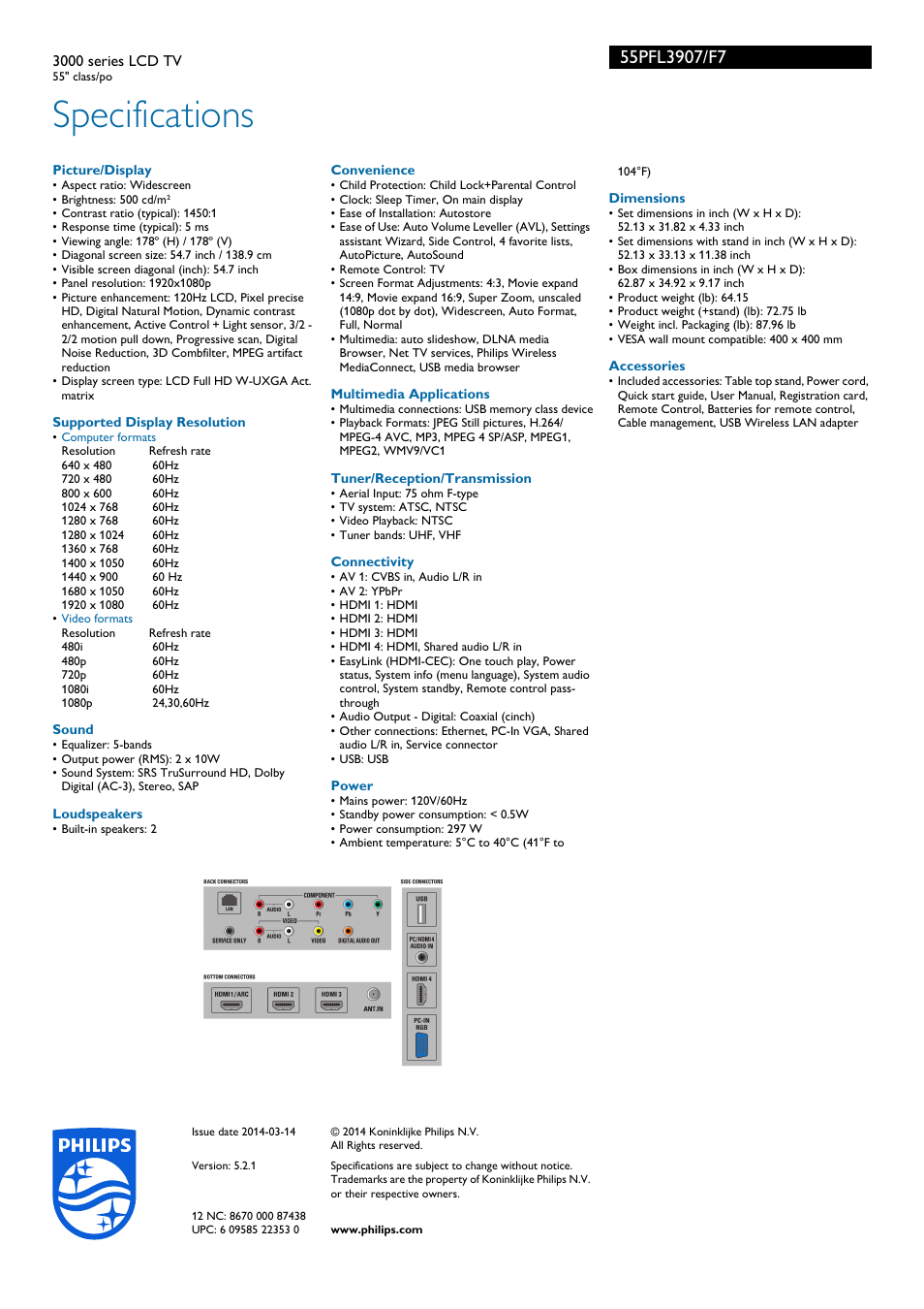 Specifications | Philips 3000 series LCD TV 55PFL3907 55" class-po User Manual | Page 3 / 3