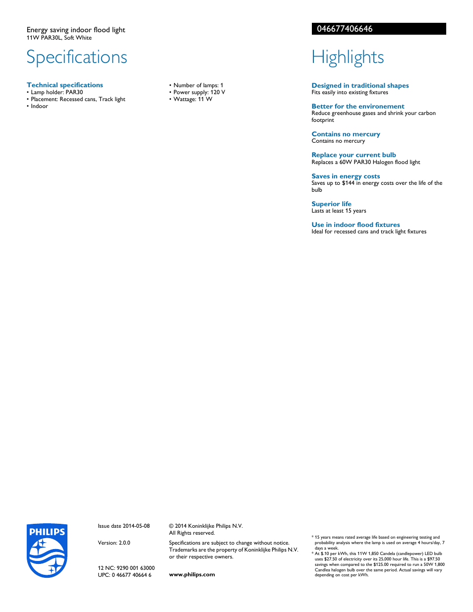Specifications, Highlights | Philips 046677406646 User Manual | Page 2 / 2