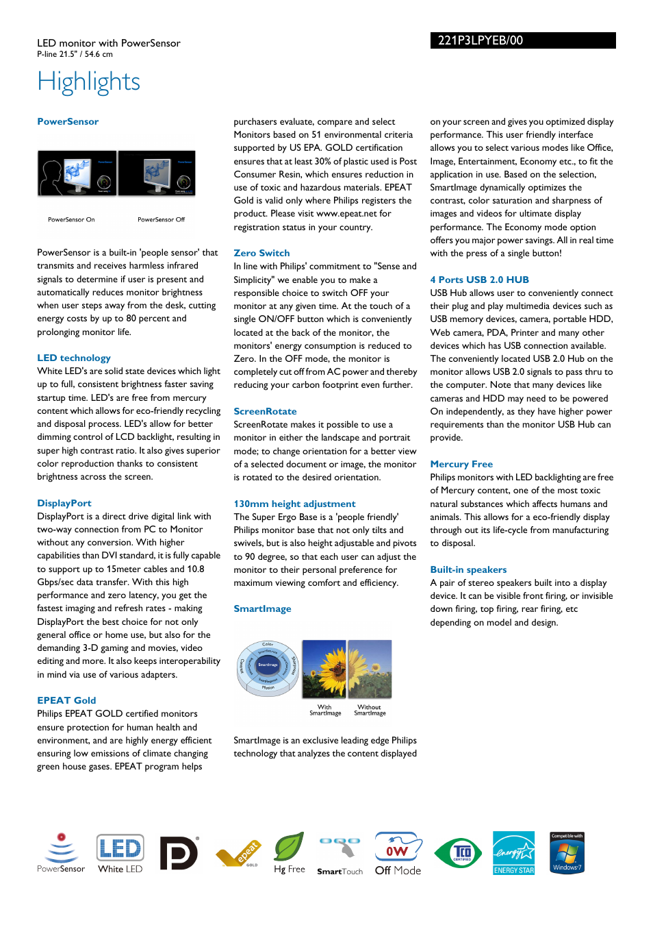 Highlights | Philips 221P3LPYEB-00 User Manual | Page 2 / 3