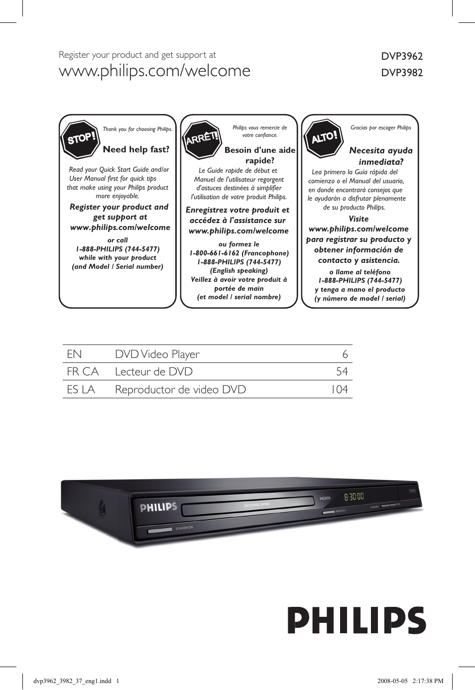 Philips DVD player DVP3962 HDMI 1080i DivX Ultra User Manual | 53 pages