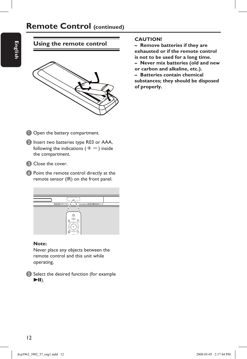 Remote control | Philips DVD player DVP3962 HDMI 1080i DivX Ultra User Manual | Page 12 / 53