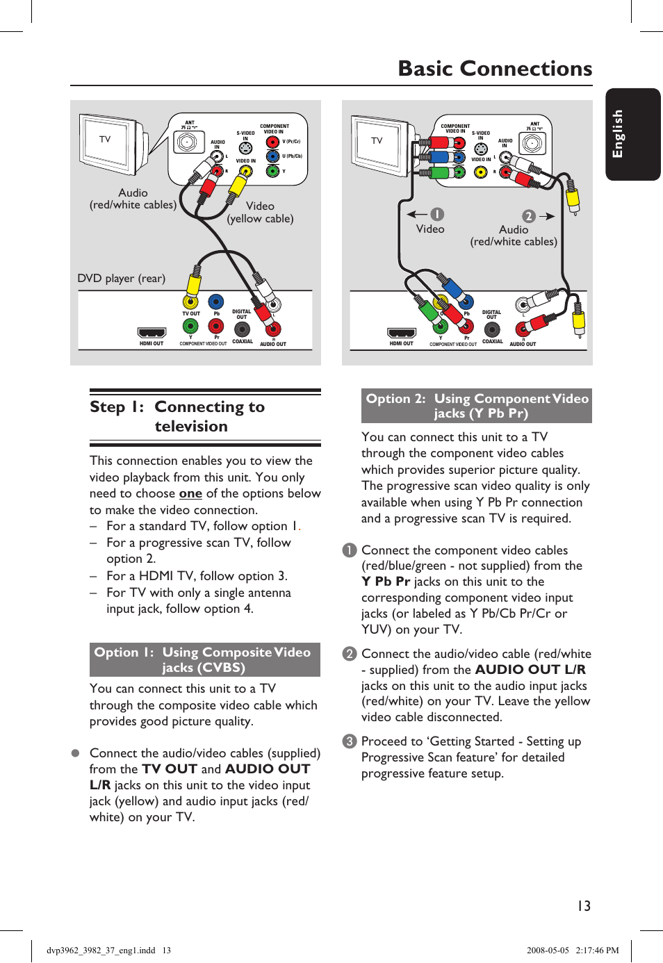 Basic connections, Step 1: connecting to television, En g li sh | Philips DVD player DVP3962 HDMI 1080i DivX Ultra User Manual | Page 13 / 53