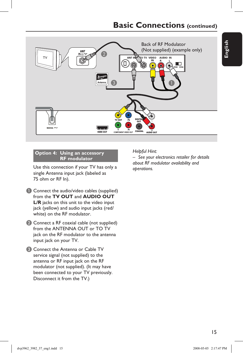 Basic connections, Continued) | Philips DVD player DVP3962 HDMI 1080i DivX Ultra User Manual | Page 15 / 53