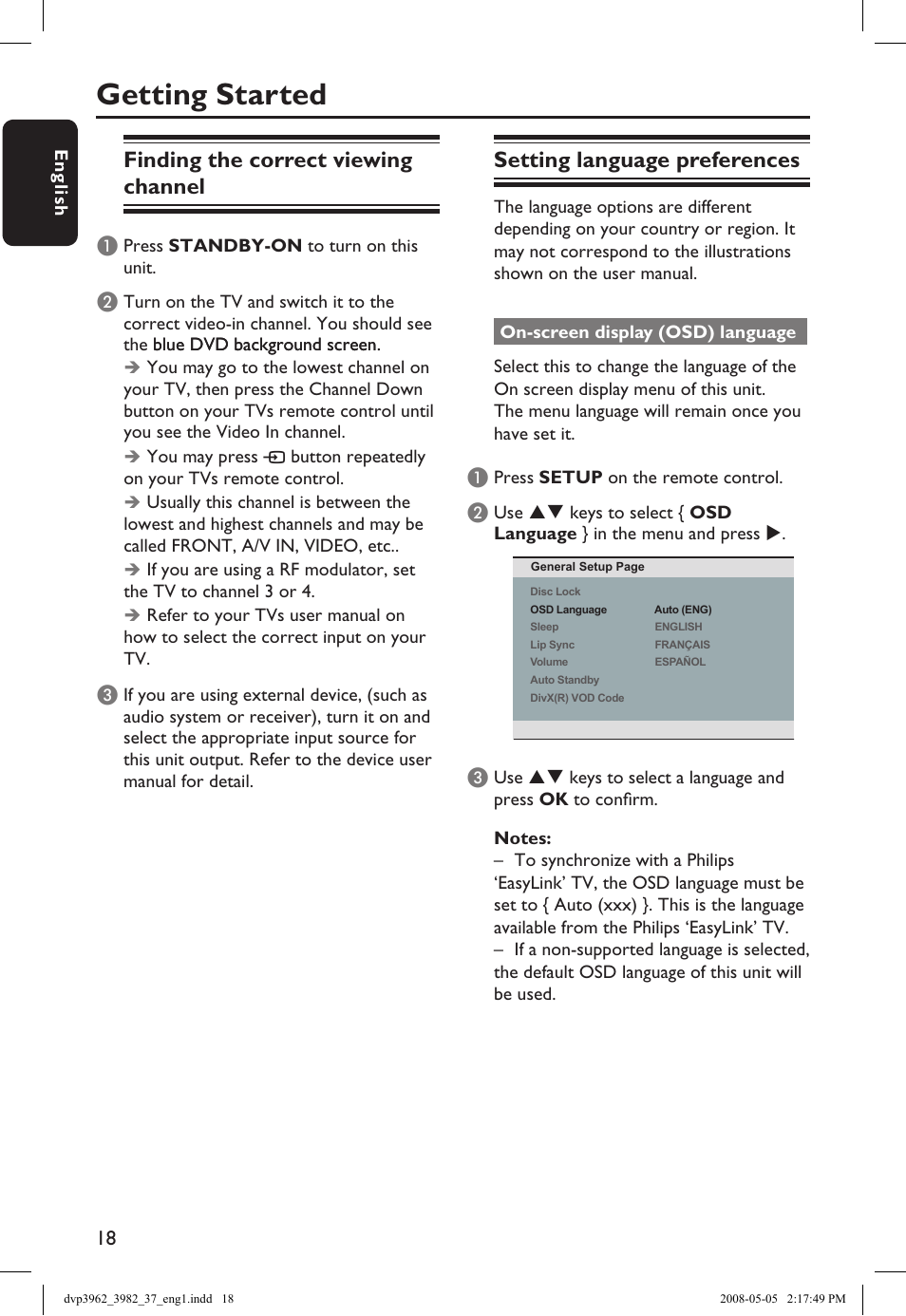 Getting started, Finding the correct viewing channel, Setting language preferences | Philips DVD player DVP3962 HDMI 1080i DivX Ultra User Manual | Page 18 / 53