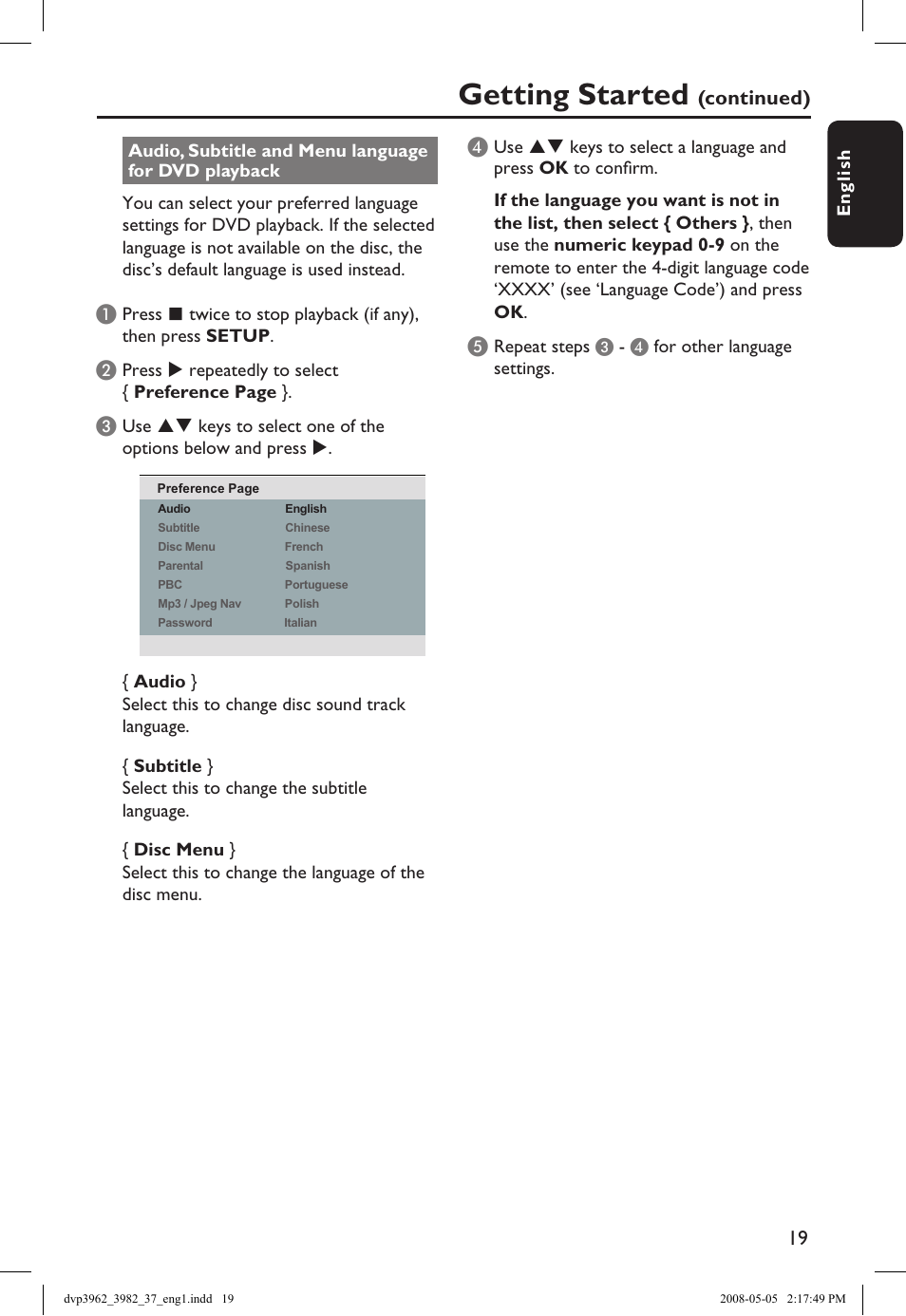 Getting started | Philips DVD player DVP3962 HDMI 1080i DivX Ultra User Manual | Page 19 / 53