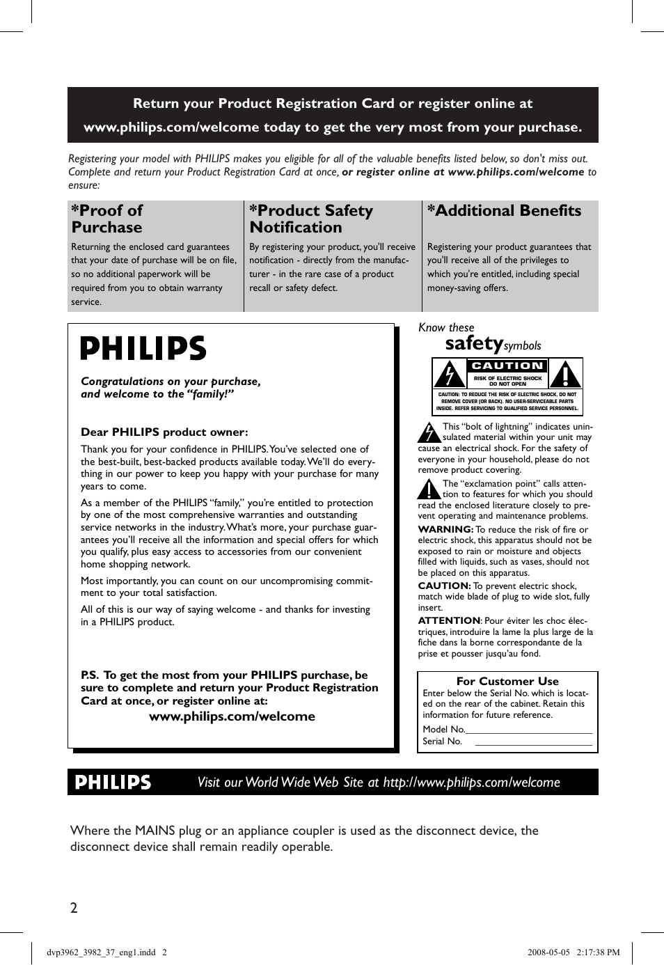 Safety, Proof of purchase, Product safety notification | Additional benefits | Philips DVD player DVP3962 HDMI 1080i DivX Ultra User Manual | Page 2 / 53