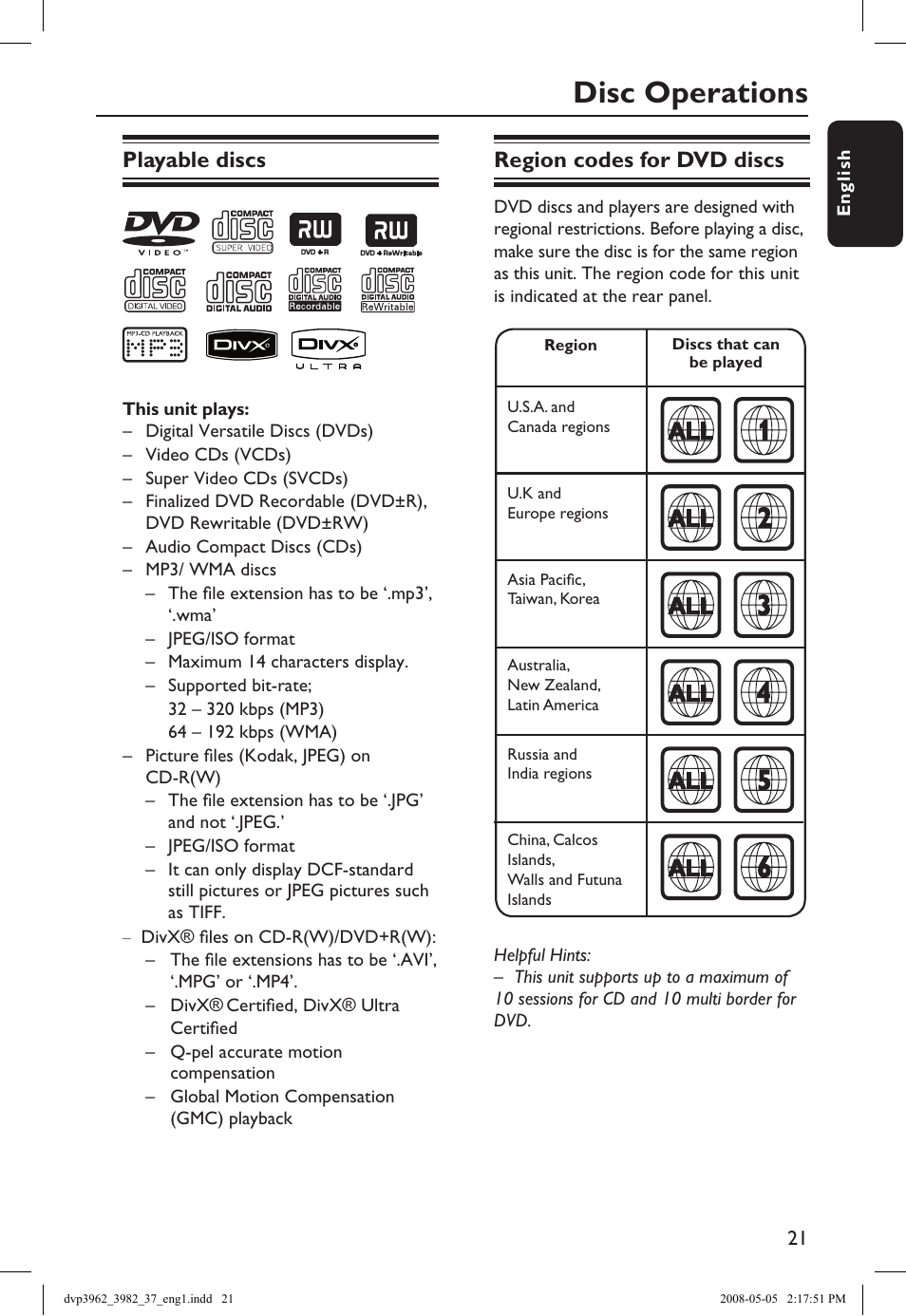 Disc operations, Playable discs, Region codes for dvd discs | Philips DVD player DVP3962 HDMI 1080i DivX Ultra User Manual | Page 21 / 53