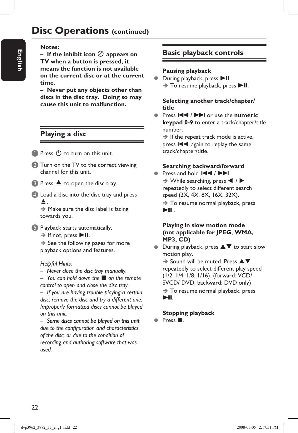 Disc operations, Playing a disc, Basic playback controls | Philips DVD player DVP3962 HDMI 1080i DivX Ultra User Manual | Page 22 / 53