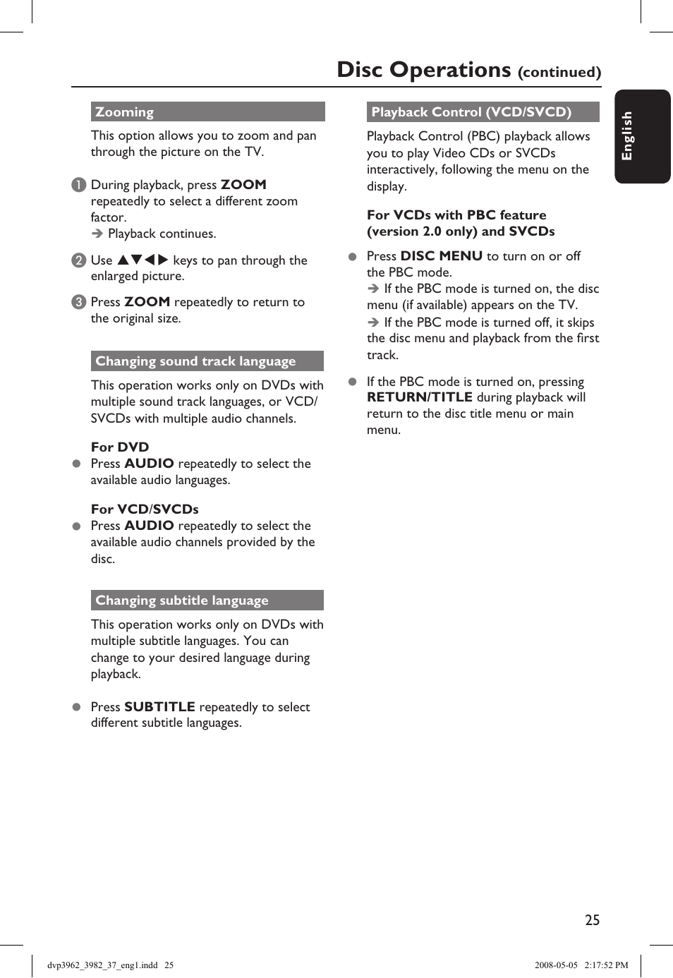 Disc operations | Philips DVD player DVP3962 HDMI 1080i DivX Ultra User Manual | Page 25 / 53