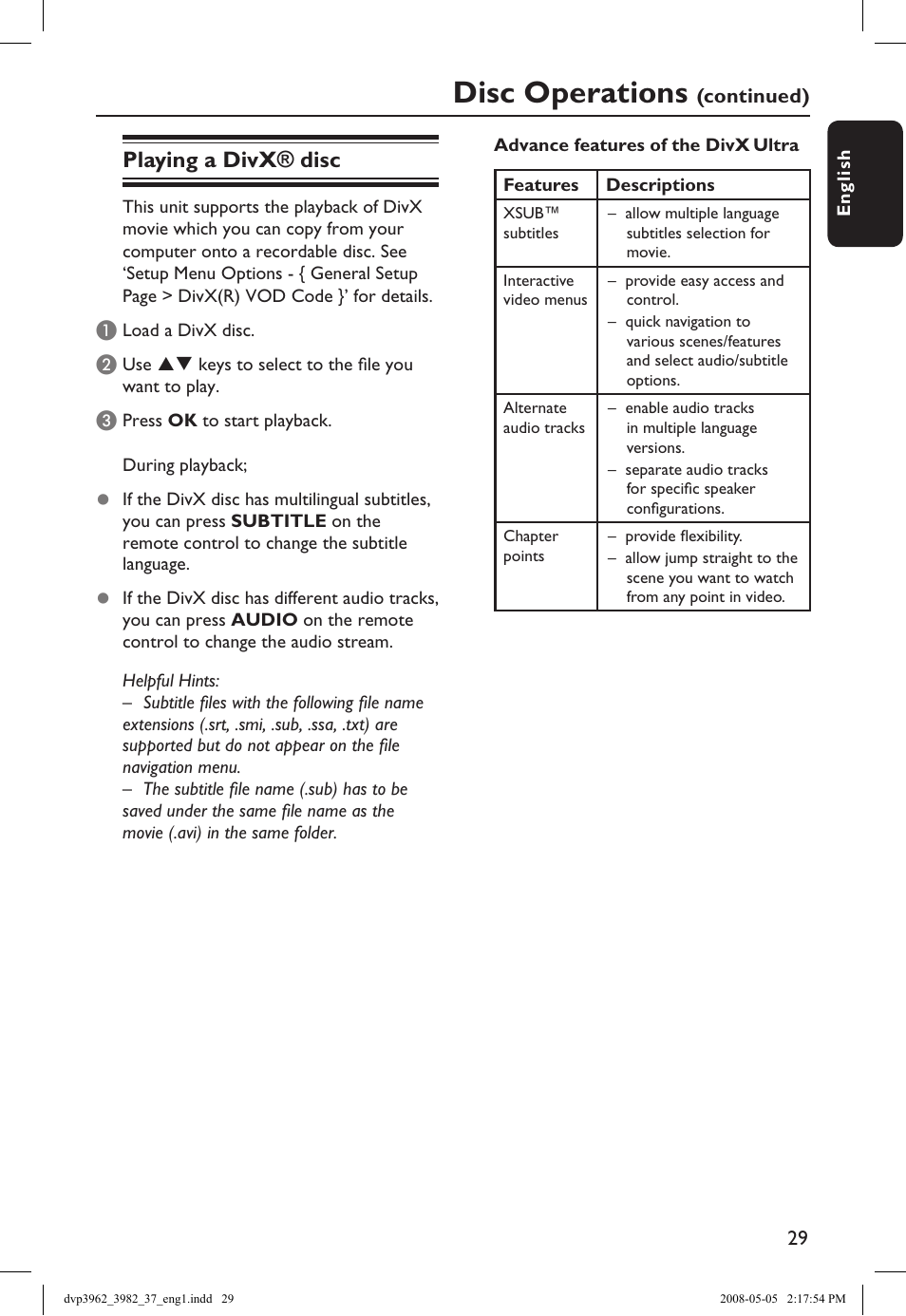 Disc operations, Playing a divx® disc | Philips DVD player DVP3962 HDMI 1080i DivX Ultra User Manual | Page 29 / 53