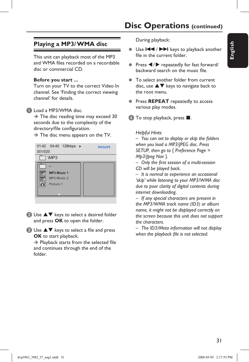 Disc operations, Playing a mp3/ wma disc | Philips DVD player DVP3962 HDMI 1080i DivX Ultra User Manual | Page 31 / 53