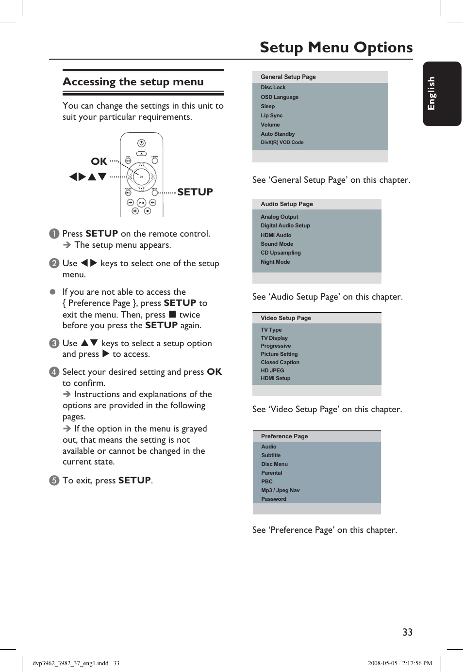 Setup menu options, Accessing the setup menu, Setup ok a | Philips DVD player DVP3962 HDMI 1080i DivX Ultra User Manual | Page 33 / 53