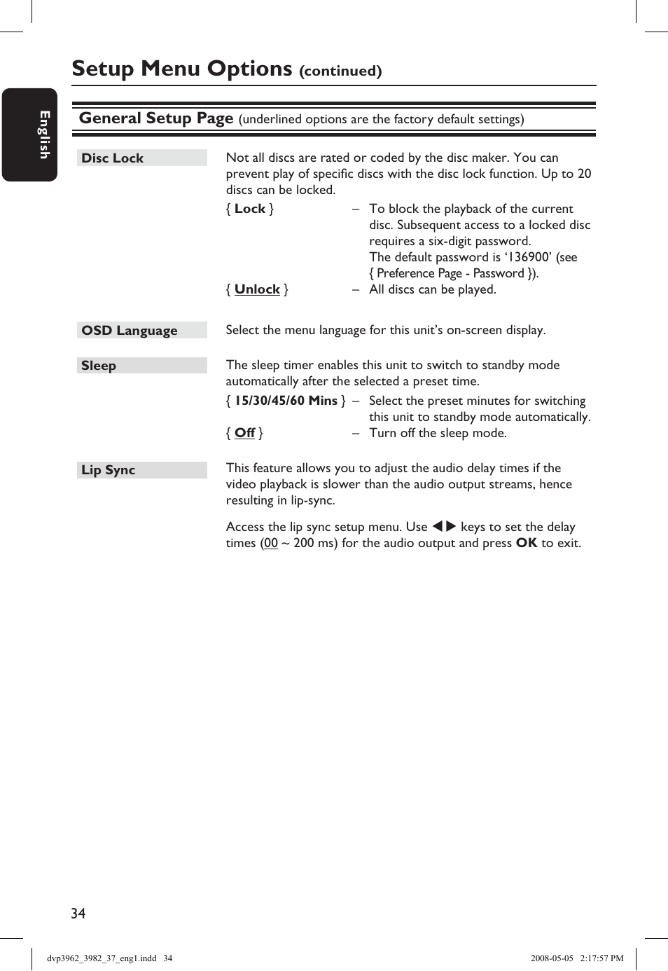 Setup menu options, General setup page | Philips DVD player DVP3962 HDMI 1080i DivX Ultra User Manual | Page 34 / 53