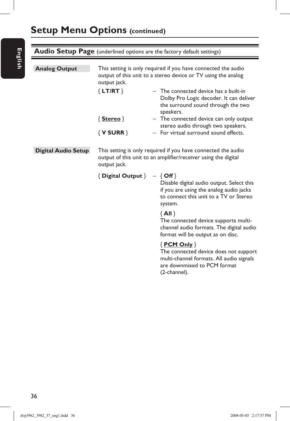 Setup menu options, Audio setup page | Philips DVD player DVP3962 HDMI 1080i DivX Ultra User Manual | Page 36 / 53