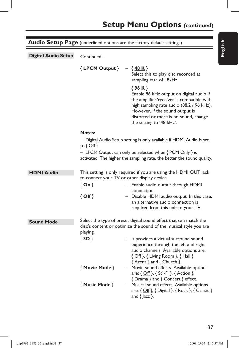 Setup menu options, Audio setup page | Philips DVD player DVP3962 HDMI 1080i DivX Ultra User Manual | Page 37 / 53