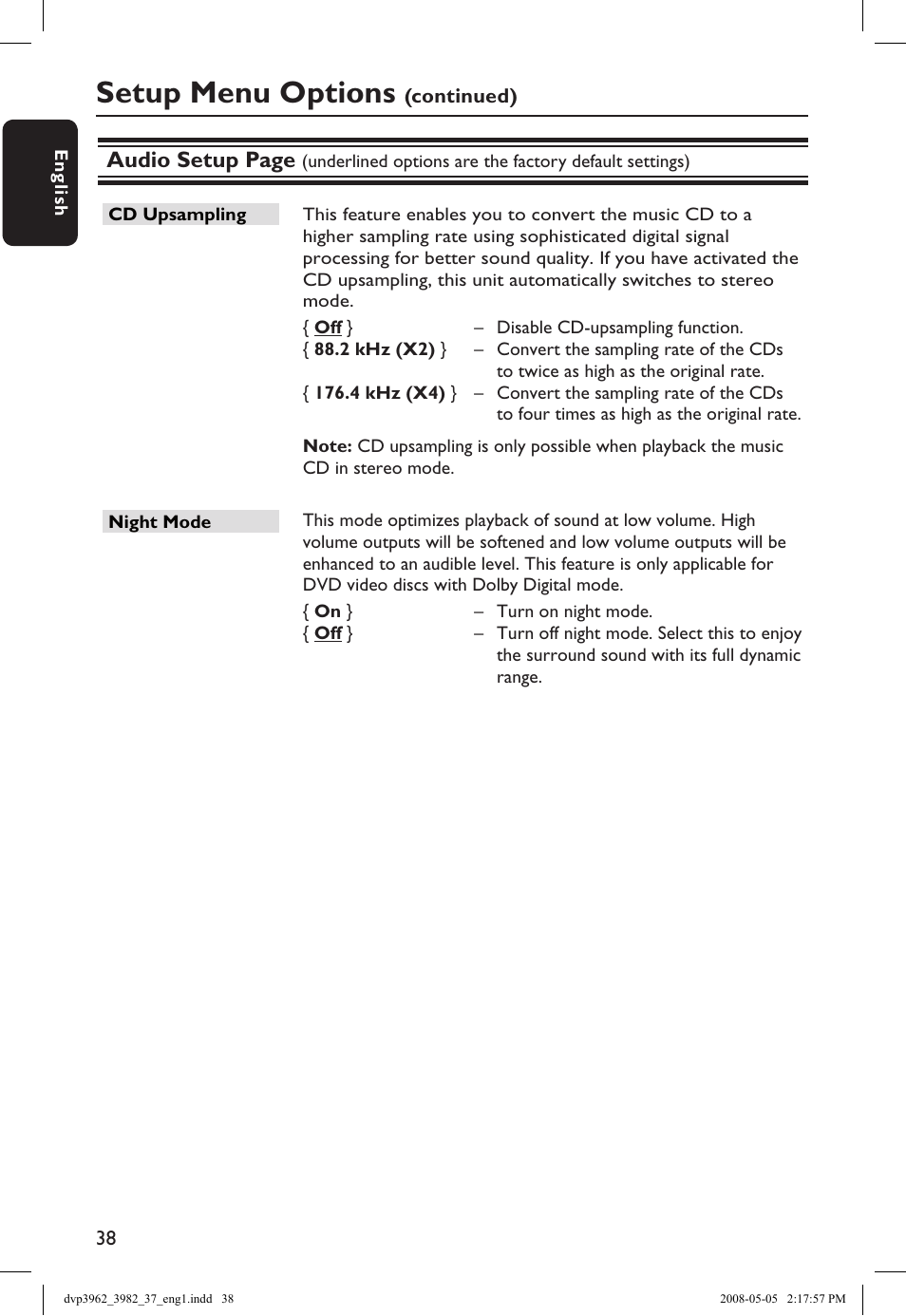 Setup menu options, Audio setup page | Philips DVD player DVP3962 HDMI 1080i DivX Ultra User Manual | Page 38 / 53