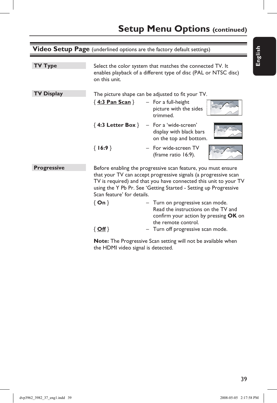 Setup menu options, Video setup page | Philips DVD player DVP3962 HDMI 1080i DivX Ultra User Manual | Page 39 / 53