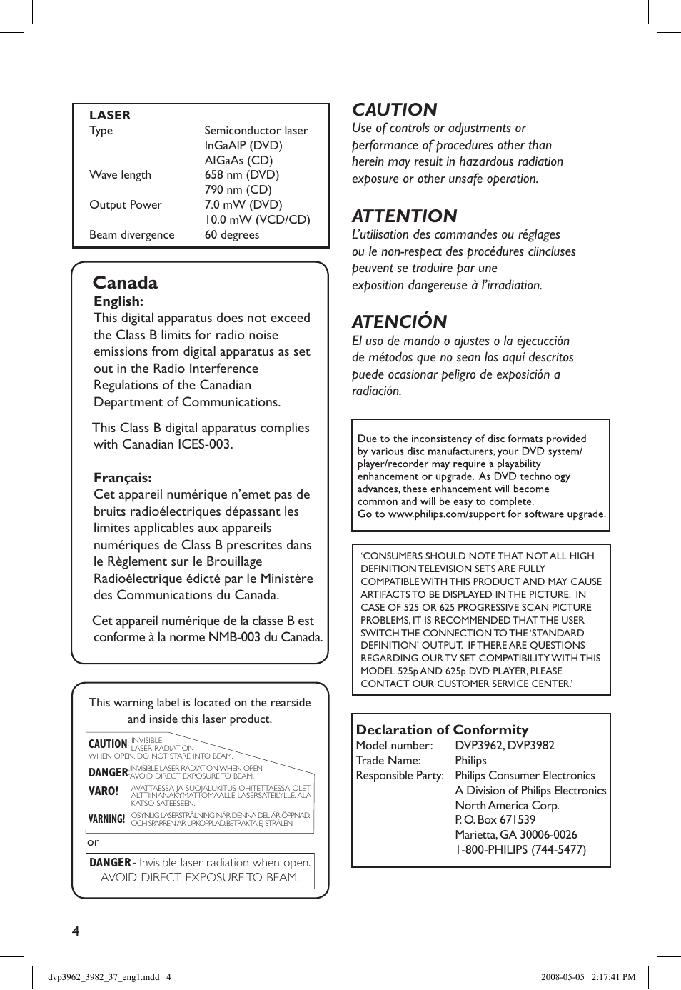 Canada, Caution, Attention | Atención | Philips DVD player DVP3962 HDMI 1080i DivX Ultra User Manual | Page 4 / 53