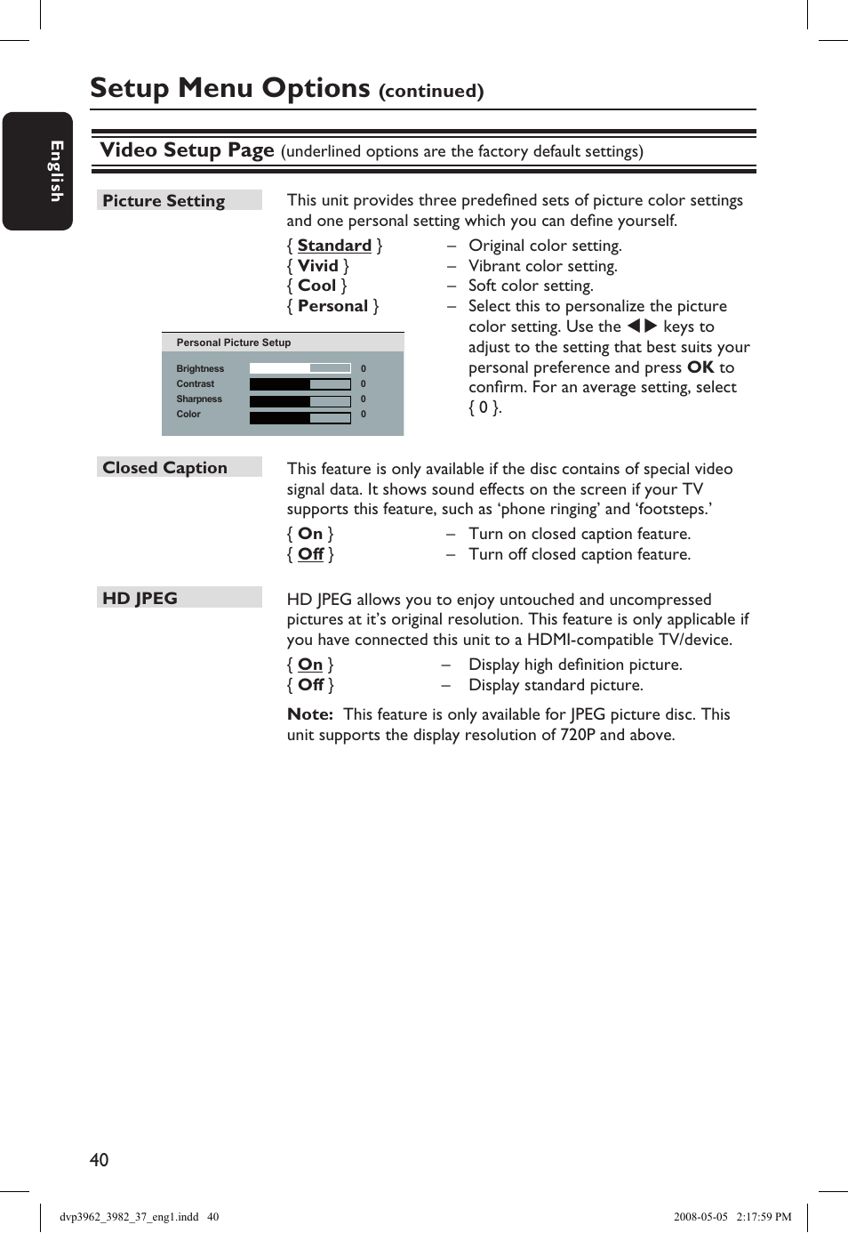 Setup menu options, Video setup page | Philips DVD player DVP3962 HDMI 1080i DivX Ultra User Manual | Page 40 / 53