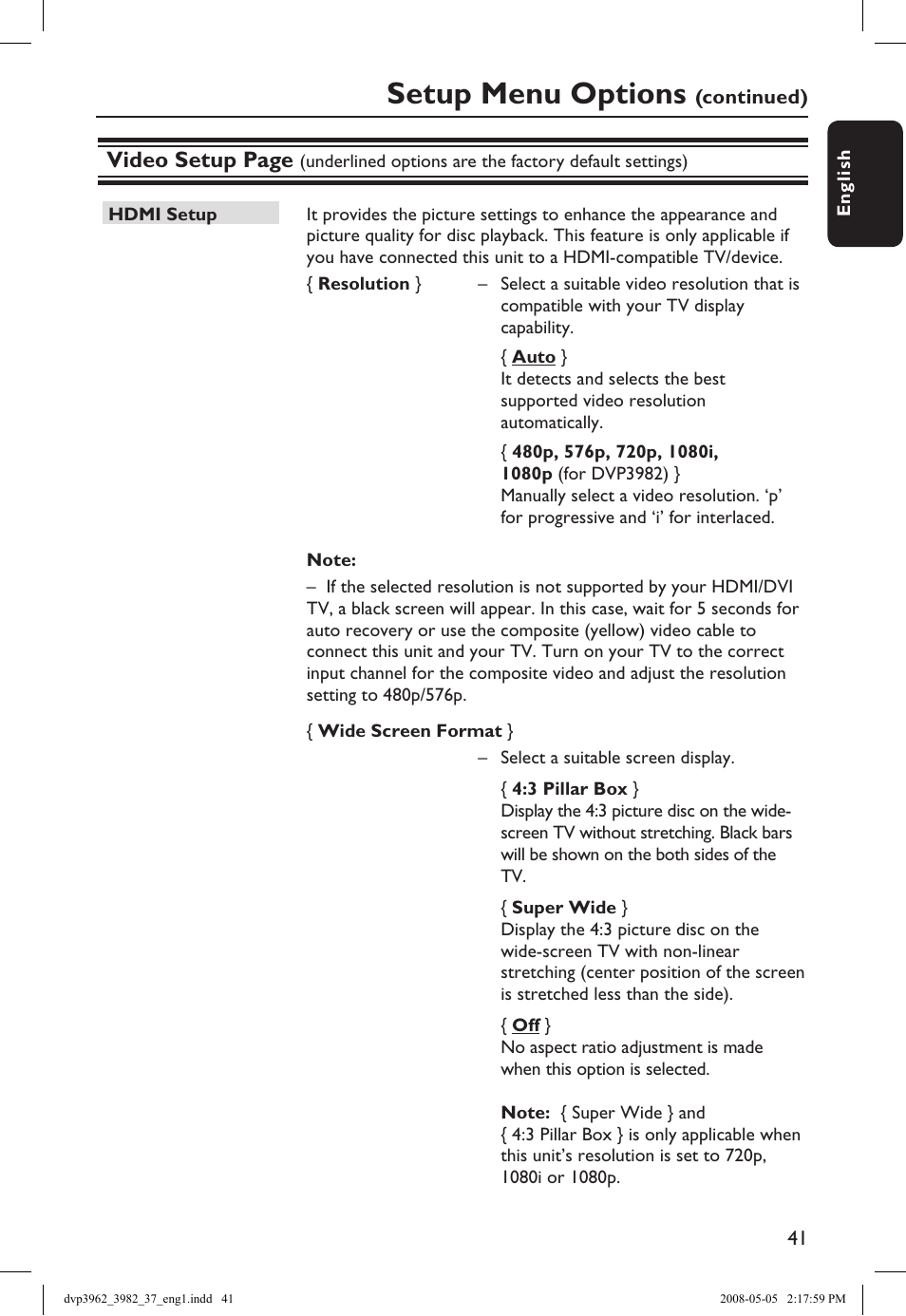 Setup menu options, Video setup page | Philips DVD player DVP3962 HDMI 1080i DivX Ultra User Manual | Page 41 / 53