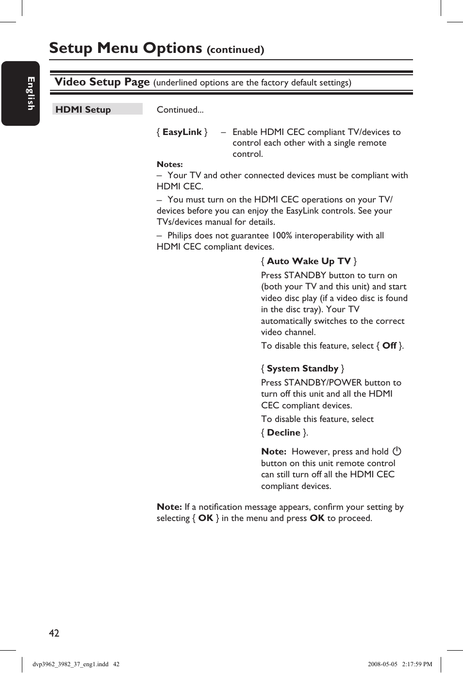 Setup menu options, Video setup page | Philips DVD player DVP3962 HDMI 1080i DivX Ultra User Manual | Page 42 / 53