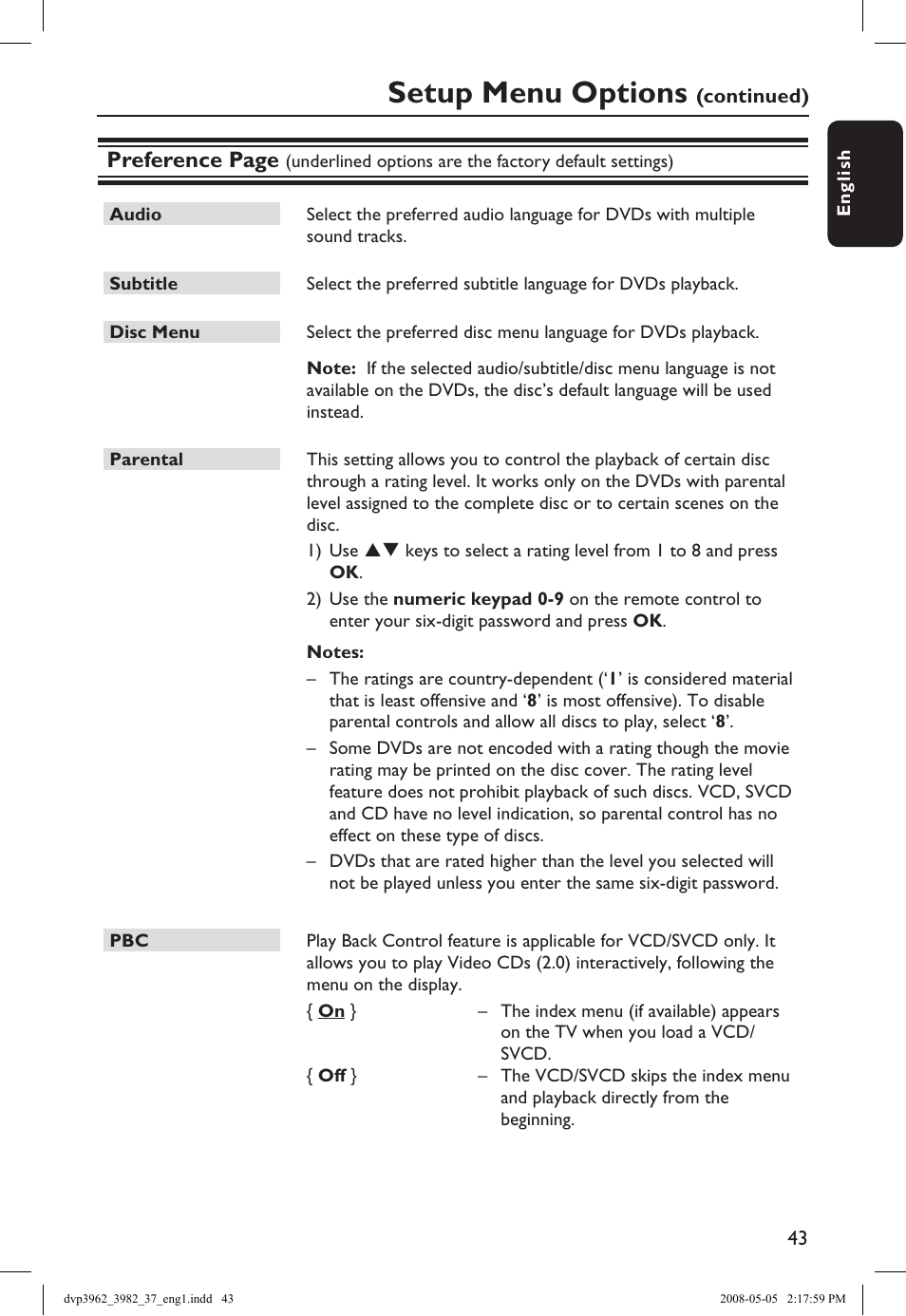 Setup menu options, Preference page | Philips DVD player DVP3962 HDMI 1080i DivX Ultra User Manual | Page 43 / 53