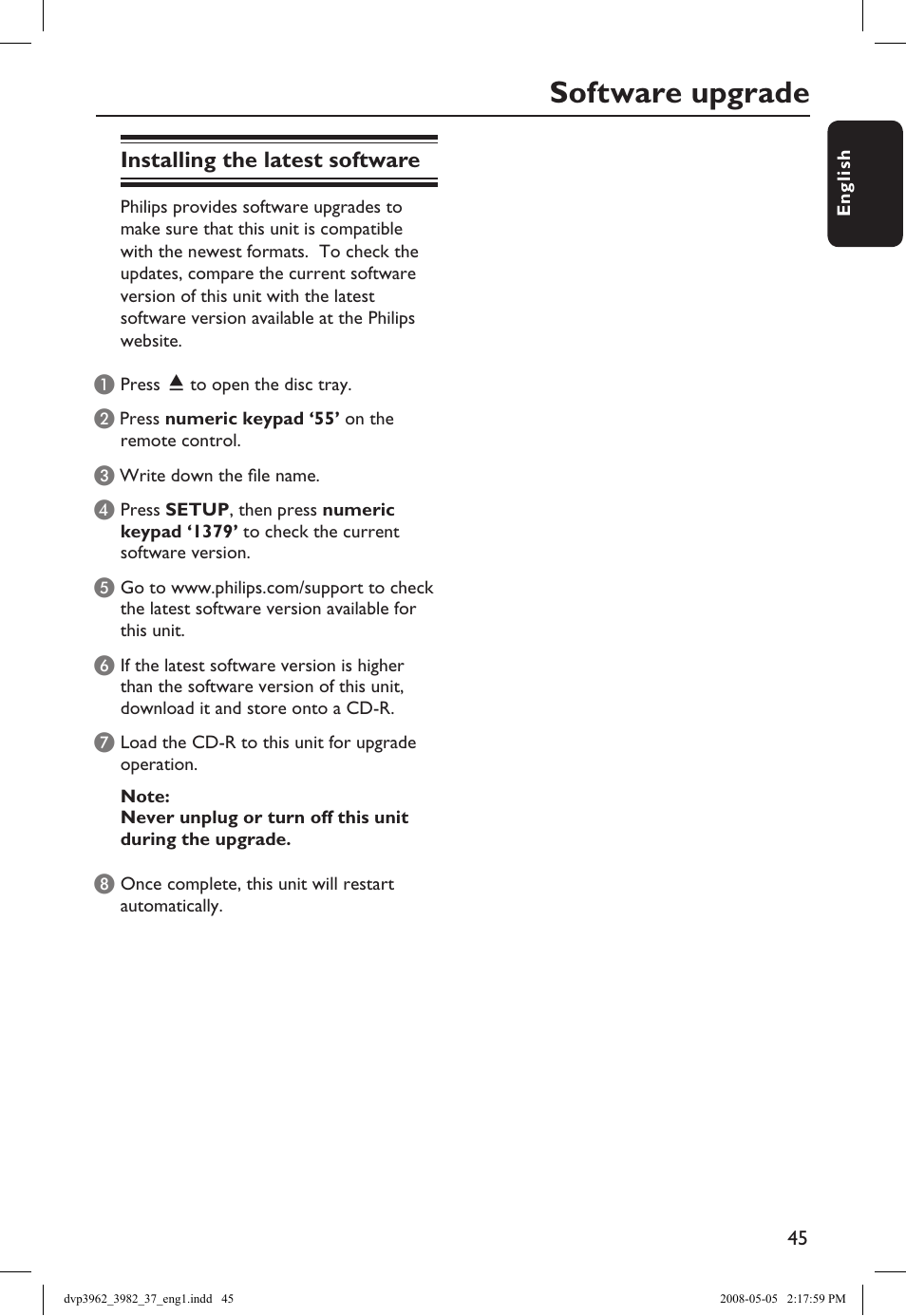 Software upgrade | Philips DVD player DVP3962 HDMI 1080i DivX Ultra User Manual | Page 45 / 53