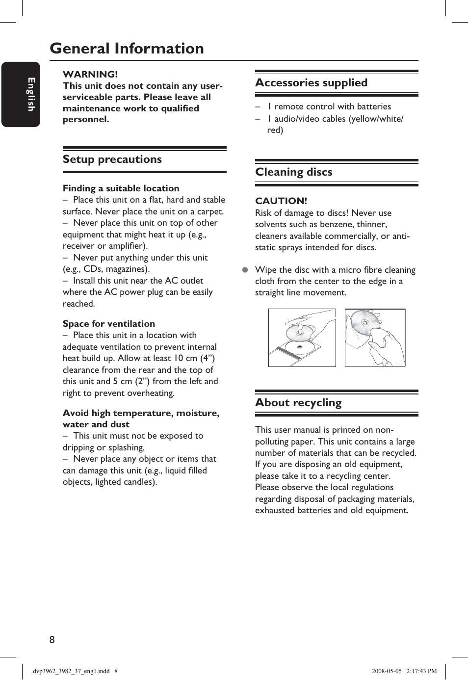 General information | Philips DVD player DVP3962 HDMI 1080i DivX Ultra User Manual | Page 8 / 53