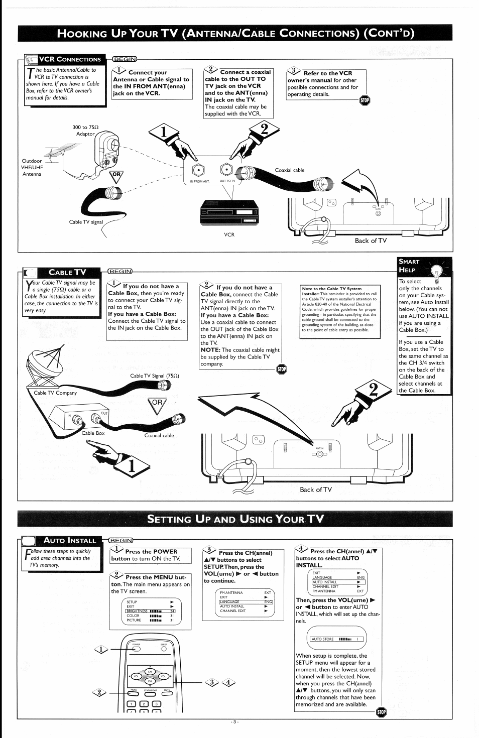 Auto install, Press the ch(annel) a/v buttons to select auto, Tv (a | Ooking, Ntenna, Able, Onnections, Etting, Sing | Philips PR1929B User Manual | Page 3 / 8