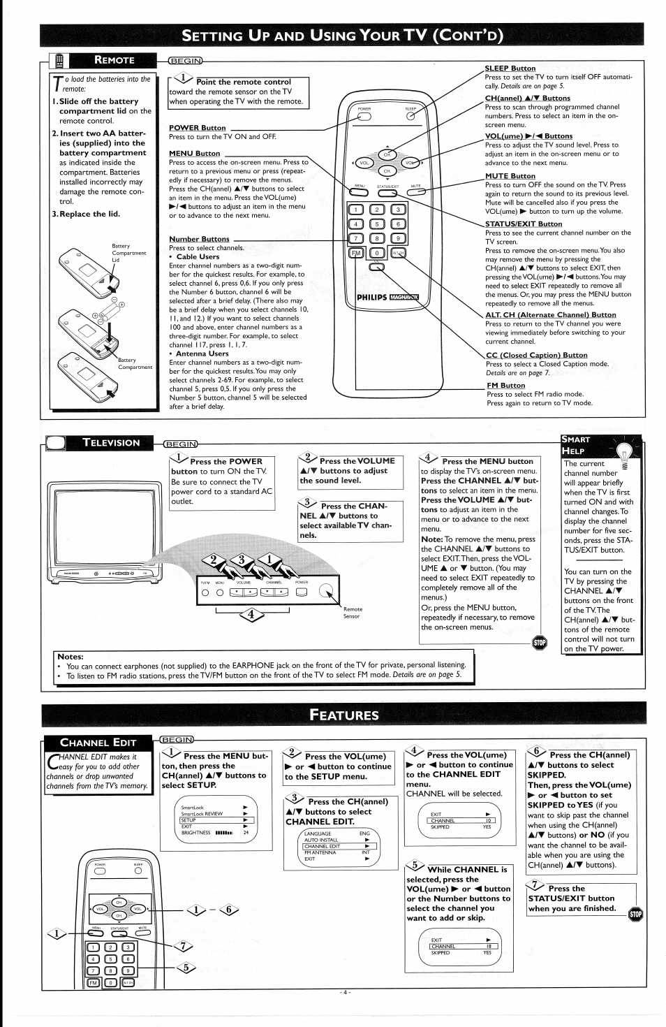 Remote, Replace the lid, Television | Press the menu button, Notes, Channel edit, Press the vol(ume) ► or ◄ button to continue, To the channel edit menu, Tv (c, Etting | Philips PR1929B User Manual | Page 4 / 8