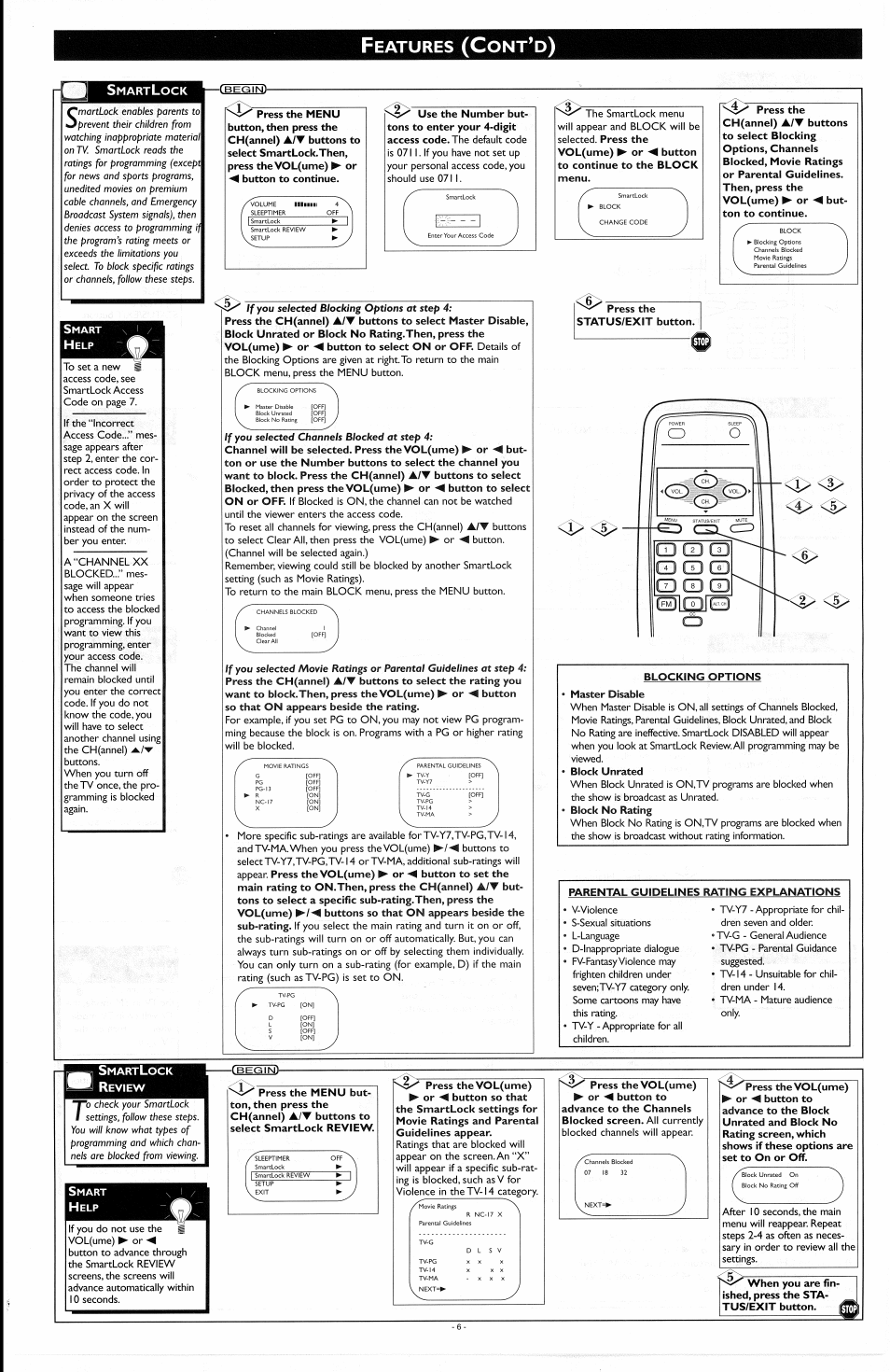 Smartlock, Press the status/exit button, Master disable | Review, J> <l, Eatures, G3 cd cd | Philips PR1929B User Manual | Page 6 / 8