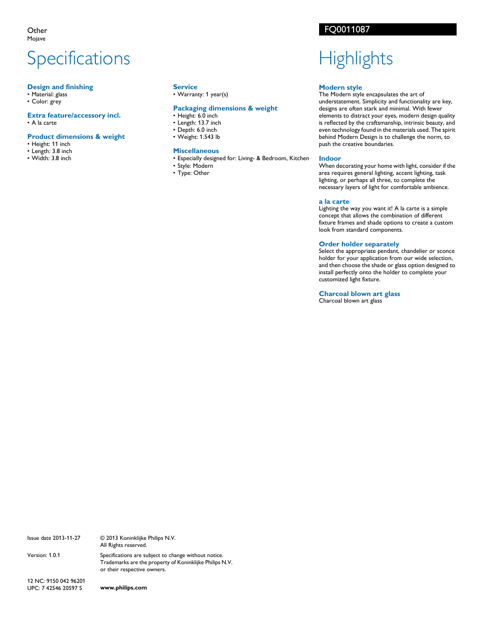 Specifications, Highlights | Philips Forecast Other FQ001-10-87 Mojave User Manual | Page 2 / 2
