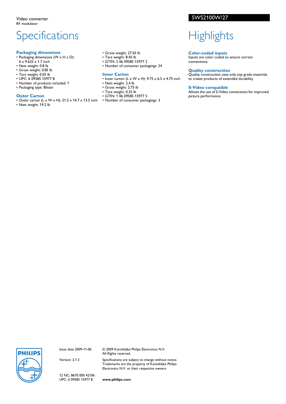 Specifications, Highlights | Philips SWS2100W-27 User Manual | Page 2 / 2