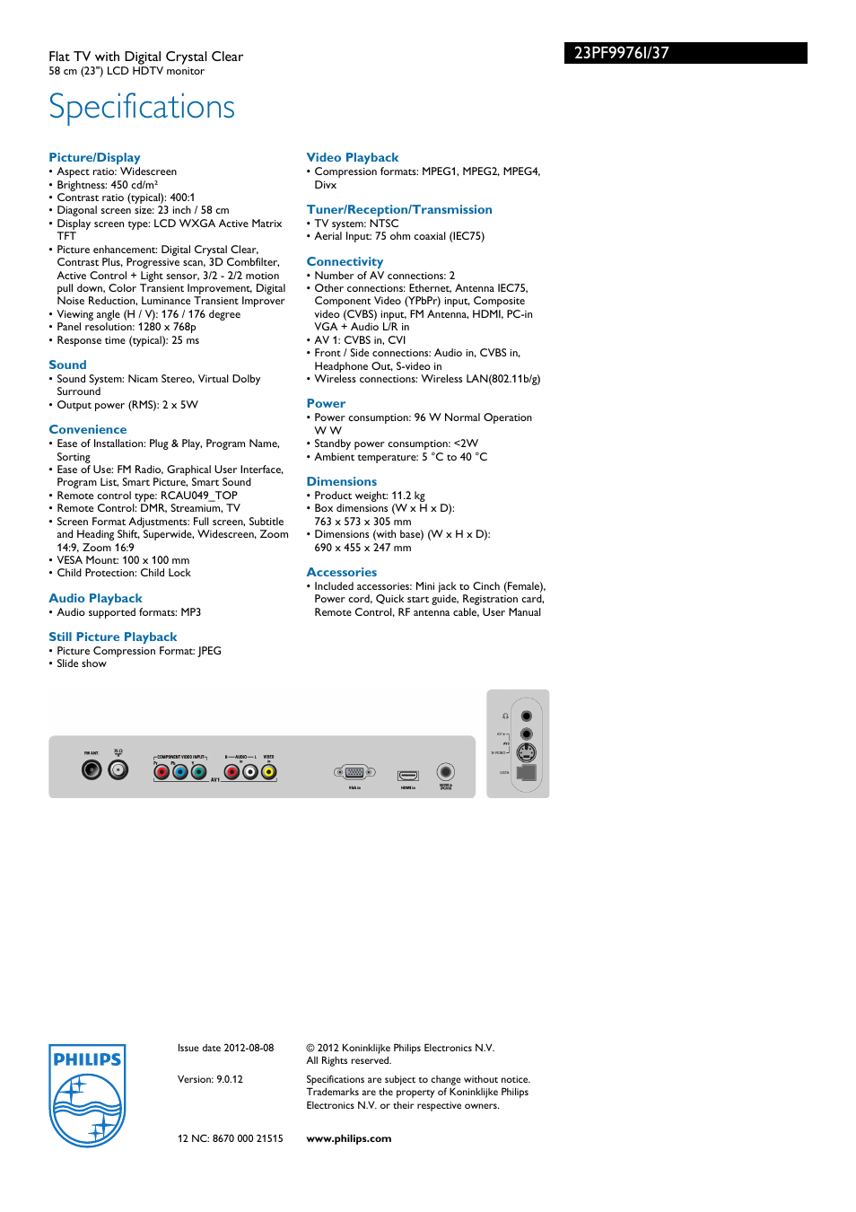 Specifications | Philips 23PF9976I-37 User Manual | Page 3 / 3