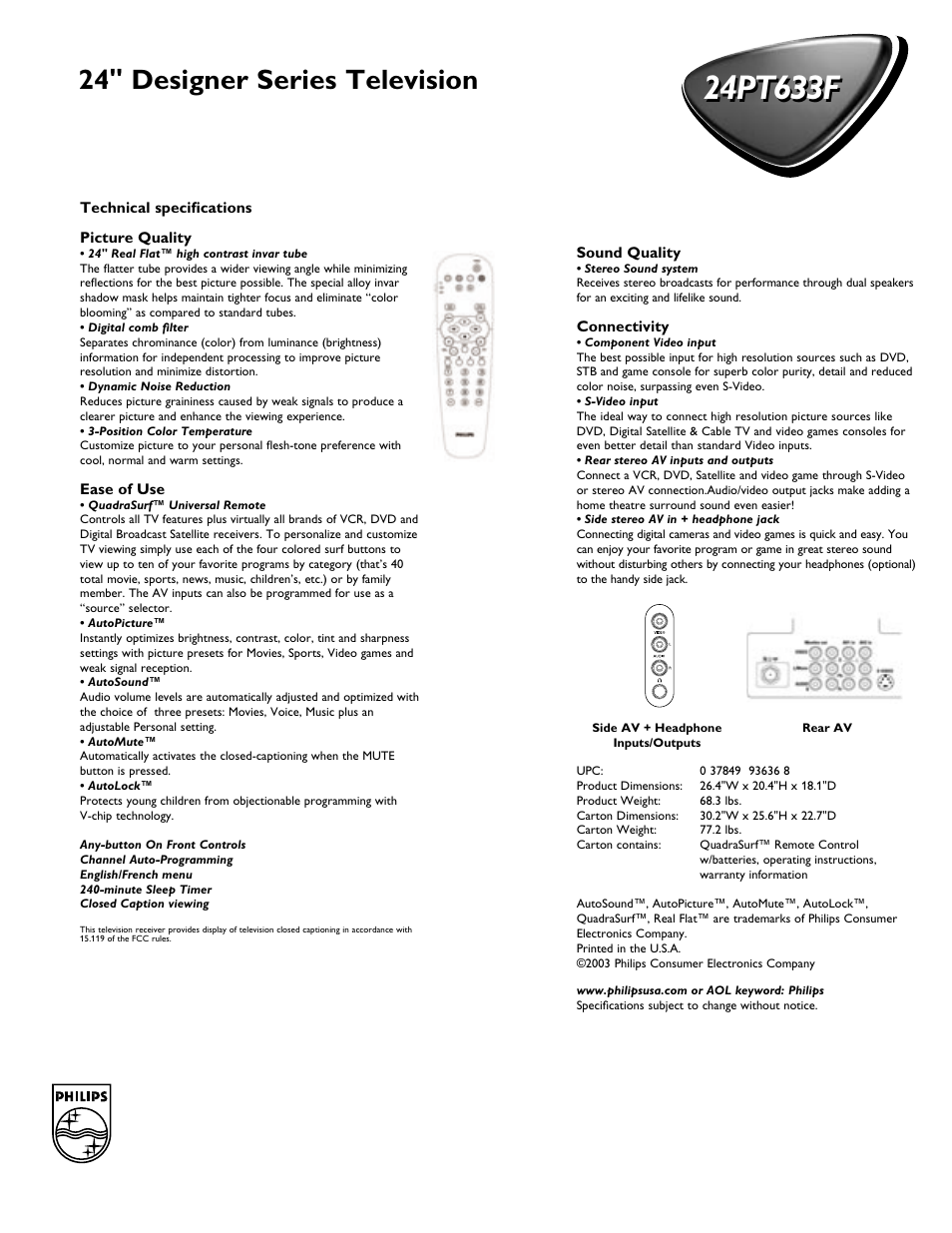 24" designer series television | Philips 24PT633F User Manual | Page 2 / 2