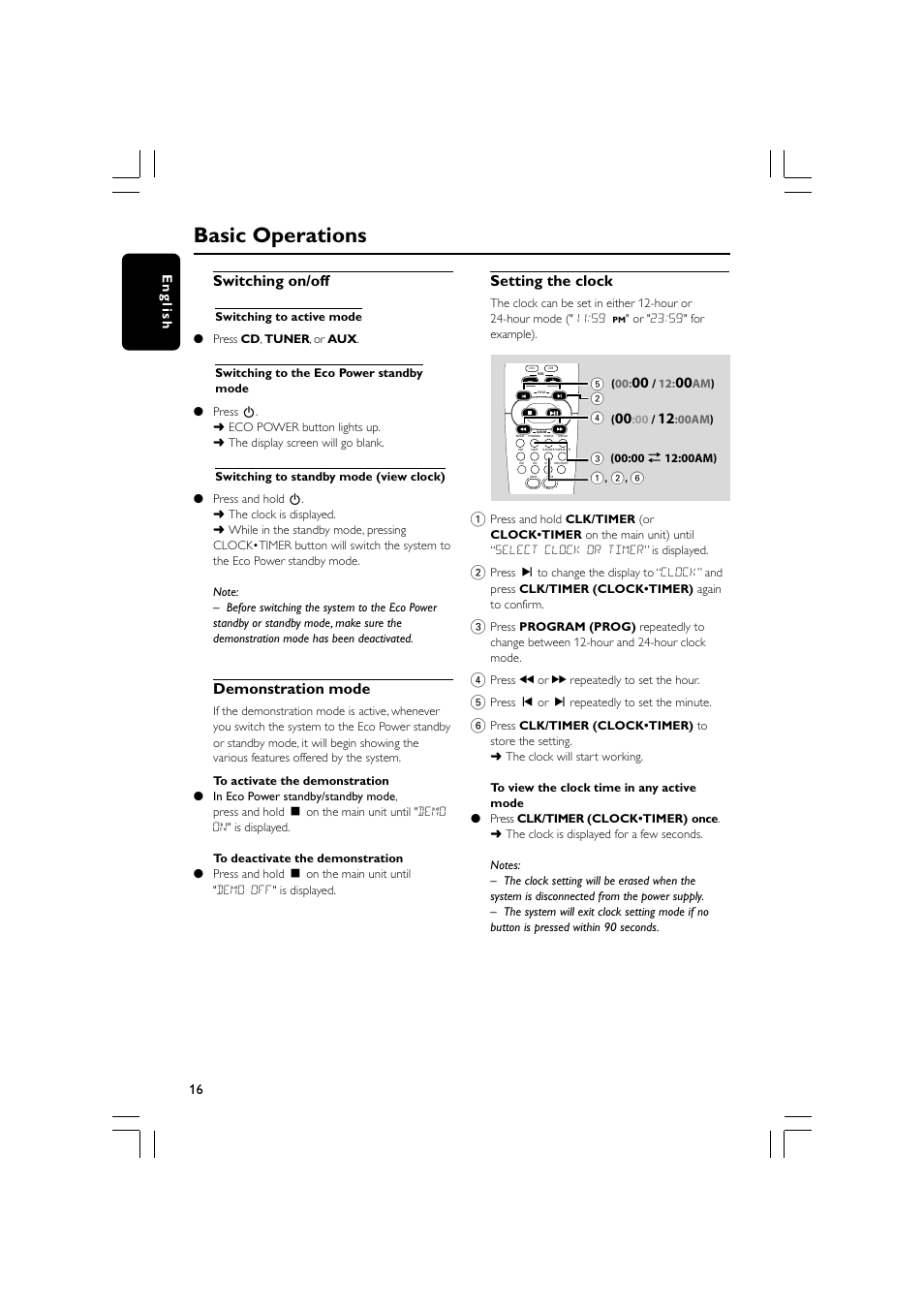 Basic operations, Switching on/off, Demonstration mode | Setting the clock | Philips FWM587-37 User Manual | Page 16 / 26