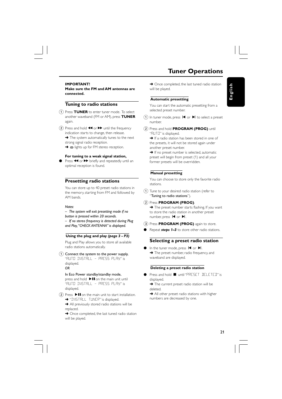 Tuner operations | Philips FWM587-37 User Manual | Page 21 / 26