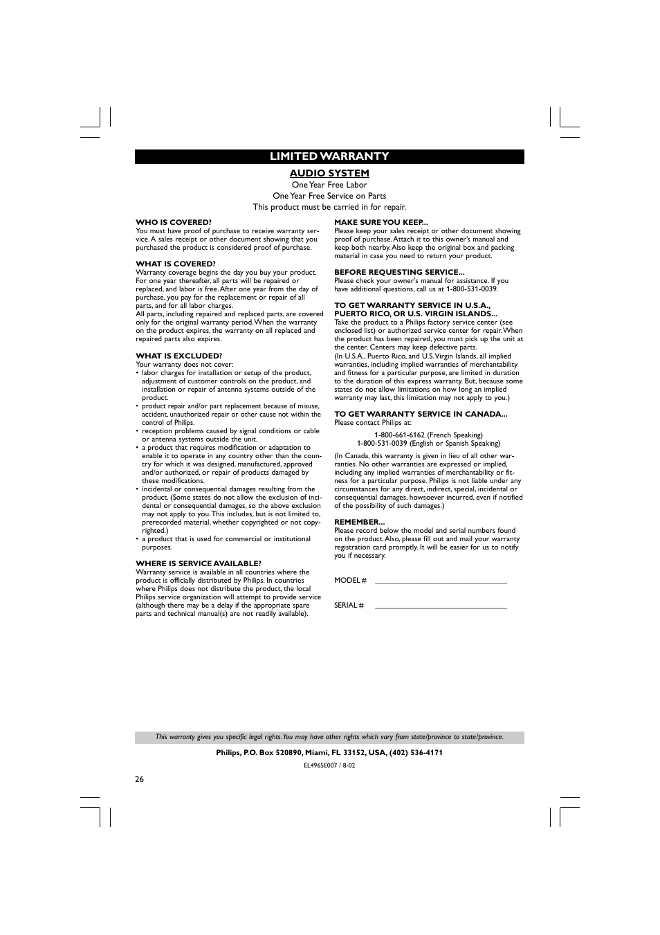 Limited warranty | Philips FWM587-37 User Manual | Page 26 / 26