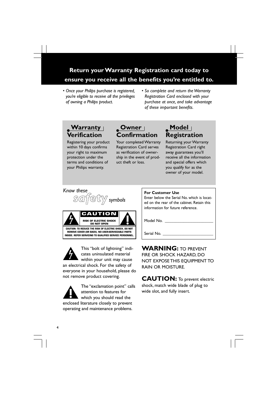 Safety, Warranty verification, Owner confirmation | Model registration, Warning, Caution | Philips FWM587-37 User Manual | Page 4 / 26