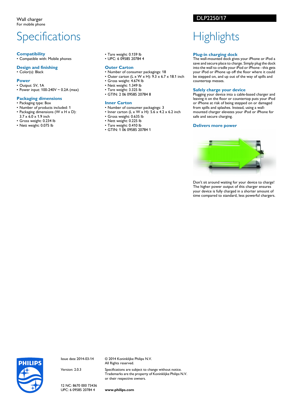 Specifications, Highlights | Philips DLP2250-17 User Manual | Page 2 / 2