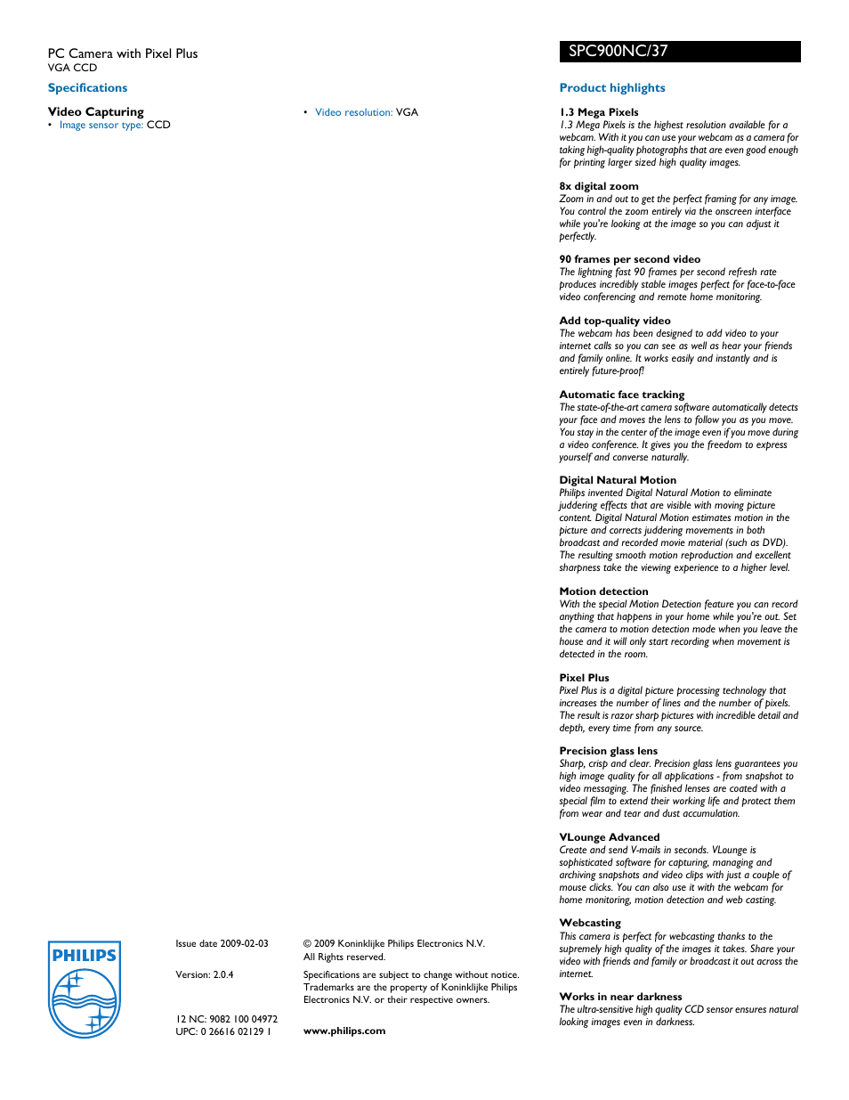 Philips PC Camera SPC900NC VGA CCD with Pixel Plus User Manual | Page 2 / 2