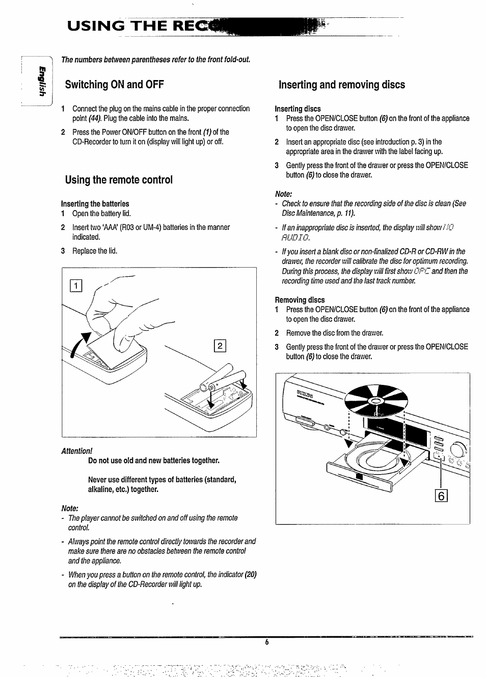 Switching on and off, Using the remote controi, Inserting and removing discs | Using the re | Philips CDR880BK User Manual | Page 12 / 19