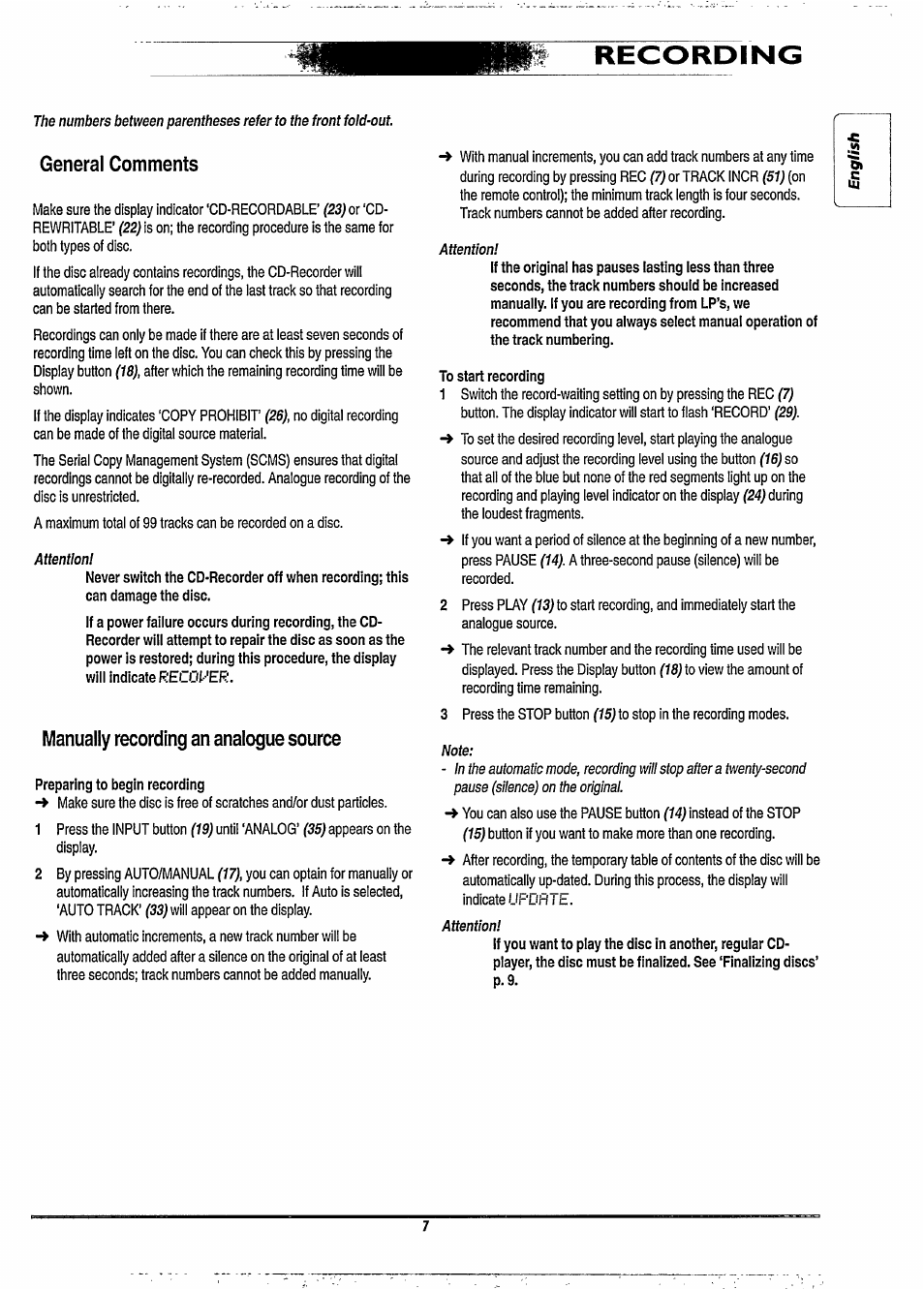 General comments, Manually recording an analogue source, Recording | Philips CDR880BK User Manual | Page 13 / 19