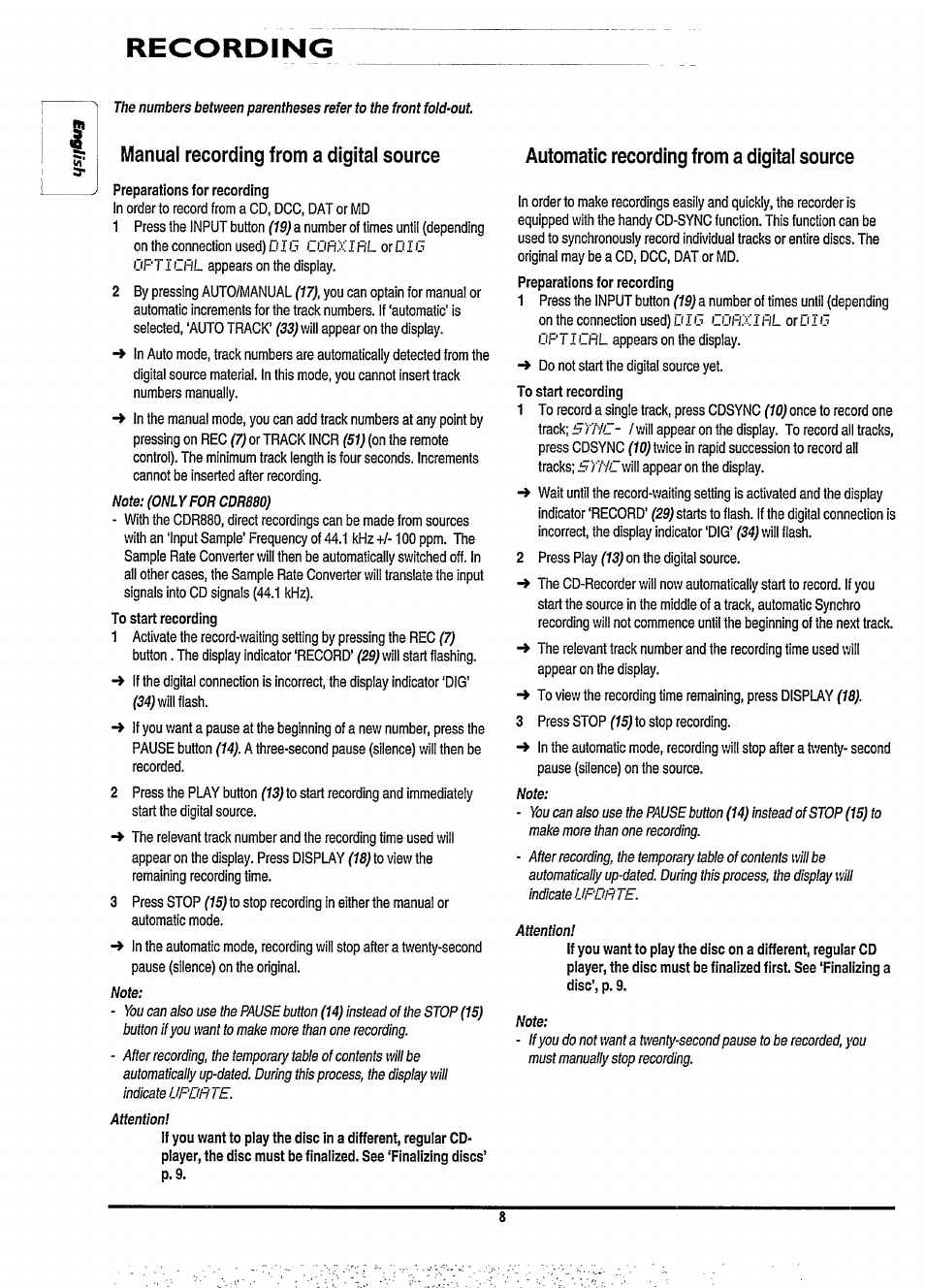 Manual recording from a digital source, Automatic recording from a digital source, Recording | Philips CDR880BK User Manual | Page 14 / 19